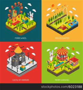 Attraction Park 4 Isometric Icons Square. Amusement part 4 isometric icons square composition banner with big observation wheel attraction abstract isolated vector illustration