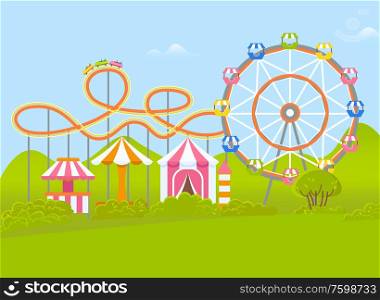Attractions at amusement park vector, carousel and ferris wheel with cabins. Enjoyment on nature, greenery with bushes and lawns, construction for fun. Amusement Park with Ferris Wheel and Attraction