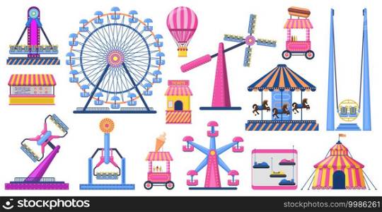 Attractions festive park. Amusement park attractions, ferris wheel, circus tent. Carnival entertainment park vector illustration set. Shooting range ice, cream stall, circus tent outdoor. Attractions festive park. Amusement park attractions, ferris wheel, circus tent, and fairground carousel. Carnival entertainment park vector illustration set