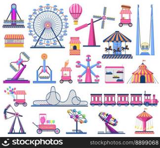 Attractions festive park elements as rollercoaster, circus tent, ferris wheel, and carousels. Shooting range, ice cream, hot dog and cotton candy selling. Flying hot air balloon vector isolated set. Attractions festive park elements as rollercoaster, circus tent, ferris wheel, and carousels. Shooting range, ice cream