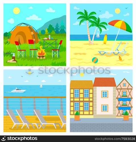 Attractions for tourists in summer set vector, camping tent and bonfire. Summertime beach with hot sand, cafe by seascape. Old city street with buildings. Traveling to Seaside, Mountains Camping and Cafe