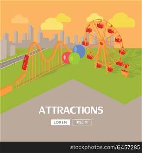 Attractions in Amusement Park Web Banner. Amusement park attractions vector flat style design web banner. City entertainment in the summer vacation concept. Ferris wheel and roller coaster illustration. City landscape.