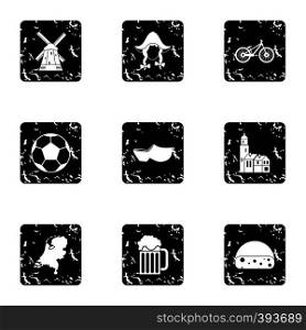 Attractions of Holland icons set. Grunge illustration of 9 attractions of Holland vector icons for web. Attractions of Holland icons set, grunge style
