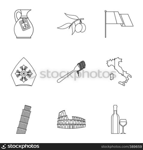 Attractions of Italy icons set. Outline illustration of 9 attractions of Italy vector icons for web. Attractions of Italy icons set, outline style