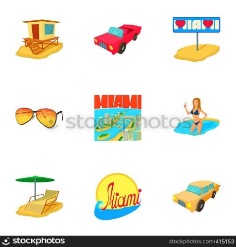 Attractions of Miami icons set. Cartoon illustration of 9 attractions of Miami vector icons for web. Attractions of Miami icons set, cartoon style