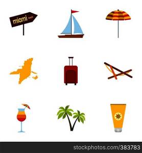 Attractions of Miami icons set. Flat illustration of 9 attractions of Miami vector icons for web. Attractions of Miami icons set, flat style