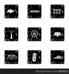 Attractions of Singapore icons set. Grunge illustration of 9 attractions of Singapore vector icons for web. Attractions of Singapore icons set, grunge style