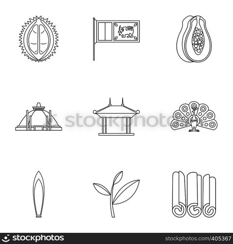 Attractions of Sri Lanka icons set. Outline illustration of 9 attractions of Sri Lanka vector icons for web. Attractions of Sri Lanka icons set, outline style