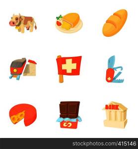 Attractions of Switzerland icons set. Cartoon illustration of 9 attractions of Switzerland vector icons for web. Attractions of Switzerland icons set