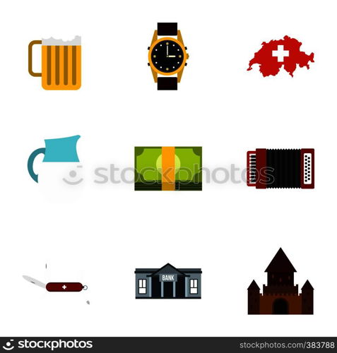 Attractions of Switzerland icons set. Flat illustration of 9 attractions of Switzerland vector icons for web. Attractions of Switzerland icons set, flat style