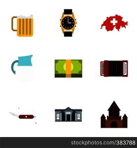 Attractions of Switzerland icons set. Flat illustration of 9 attractions of Switzerland vector icons for web. Attractions of Switzerland icons set, flat style