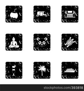 Attractions of Thailand icons set. Grunge illustration of 9 attractions of Thailand vector icons for web. Attractions of Thailand icons set, grunge style