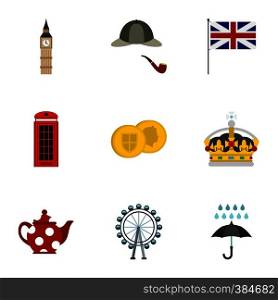 Attractions of United Kingdom icons set. Flat illustration of 9 attractions of United Kingdom vector icons for web. Attractions of United Kingdom icons set