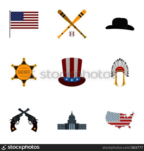 Attractions of USA icons set. Flat illustration of 9 attractions of USA vector icons for web. Attractions of USA icons set, flat style