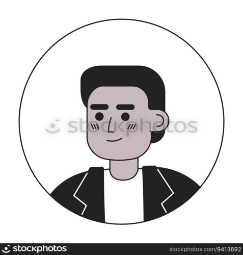 Attractive african american boy with short haircut monochrome flat linear character head. Editable outline hand drawn human face icon. 2D cartoon spot vector avatar illustration for animation. Attractive african american boy with short haircut monochrome flat linear character head