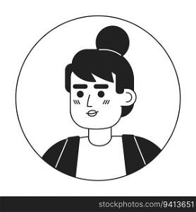 Attractive cheerful woman monochrome flat linear character head. Lady with bun hairstyle and bangs. Editable outline human face icon. 2D cartoon spot vector avatar illustration for animation. Attractive cheerful woman monochrome flat linear character head
