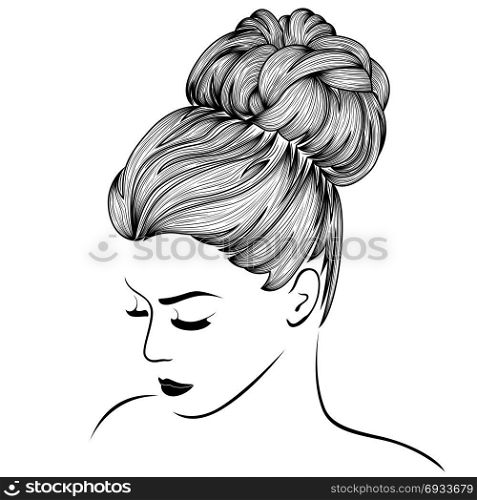 Attractive dreamy women with high gorgeous hairdo, hand drown detailed vector illustration isolated on the white background