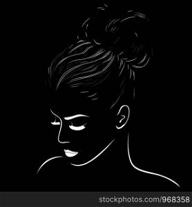 Attractive dreamy women with high gorgeous hairdo, hand drown detailed vector illustration isolated on the black background