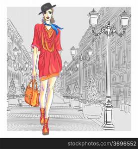 Attractive fashion girl in hat with bag in sketch-style goes for St. Petersburg