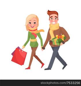 Attractive female and handsome male with presents and bags. Christmas holidays celebration, cartoon people. Man and woman do shopping together, vector. Attractive Female, Hansome Male, Presents and Bags