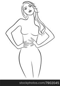 Attractive girl holding hands on waistline, hand drawing vector outline