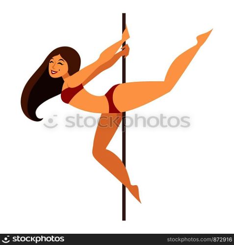 Attractive girl in red bikini dances around pole. Woman dancer in underwear with strong arms and legs performs with metal stick isolated cartoon flat vector illustration on white background.. Attractive girl in red bikini dances around pole