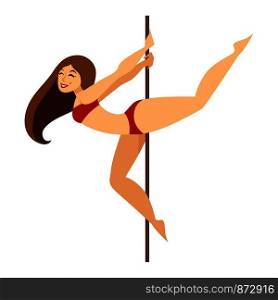 Attractive girl in red bikini dances around pole. Woman dancer in underwear with strong arms and legs performs with metal stick isolated cartoon flat vector illustration on white background.. Attractive girl in red bikini dances around pole
