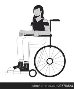 Attractive girl in wheelchair flat line black white vector character. Inclusivity. Community member. Editable outline full body person. Simple cartoon isolated spot illustration for web graphic design. Attractive girl in wheelchair flat line black white vector character
