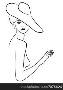 Attractive graceful beautiful young lady posing half-turn in wide-brimmed hat, hand drown vector outline