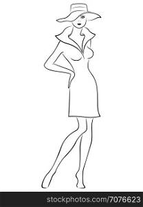 Attractive graceful beautiful young lady standing and posing in short dress and in wide-brimmed hat, hand drown vector outline