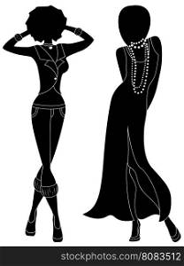Attractive graceful ladies in long gown and in pants, hand drawing stylized vector black stencil silhouettes