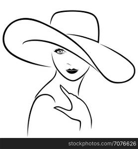 Attractive graceful young beautiful girl posing half-turn in wide-brimmed hat, hand drown vector outline