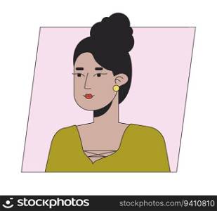 Attractive indian woman with bun hairstyle flat color cartoon avatar icon. Editable 2D user portrait linear illustration. Isolated vector face profile clipart. Userpic, person head and shoulders. Attractive indian woman with bun hairstyle flat color cartoon avatar icon