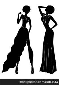 Attractive slender ladies in long gown, hand drawing stylized vector black stencil silhouettes