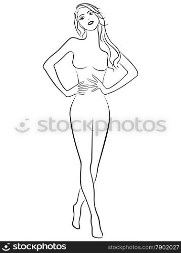 Attractive slim girl holding hands on waistline, hand drawing vector outline