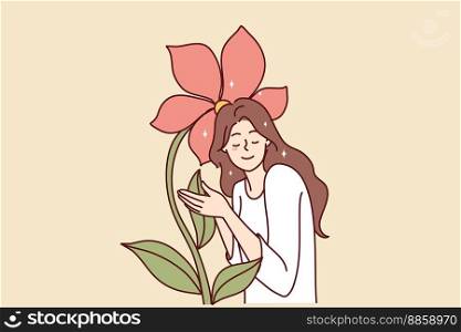 Attractive woman closing eyes touches giant flower enjoying natural beauty and pleasant smell. Girl near blossom symbolizes use of cosmetics without addition of chemistry. Flat vector illustration. Woman closing eyes touches giant flower enjoying natural beauty and pleasant smell. Vector image