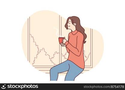 Attractive woman drinks tea sitting on windowsill and enjoys relaxing during break from work. Positive girl dreaming and watching landscape through window with cup coffee in hands. Flat vector image. Positive girl dreaming and watching landscape through window with cup coffee in hands. Vector image