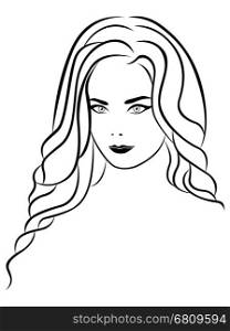 Attractive young beautiful lady head, vector outline