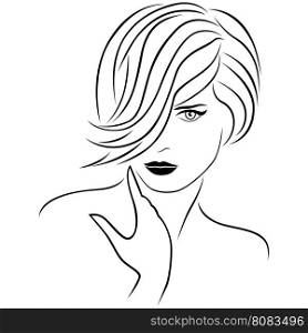 Attractive young beautiful lady portrait with stylish short forelock hairstyle. The hair covers almost half face. Vector outline