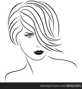 Attractive young beautiful woman portrait with stylish short hairstyle. The hair covers almost half face. Vector outline