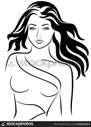 Attractive young motion fashion girl portrait with stylish wavy hair, vector illustration isolated on the white background
