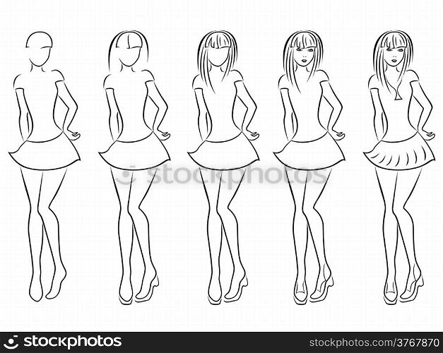 Attractive young women vector contour in hand drawing sequence with five steps. Model of each stage can be used as a self-contained image. Attractive women contour in drawing sequence