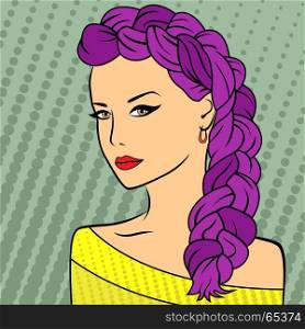 Attractive young women with purple fluffy braided plait on the retro background, vector illustration