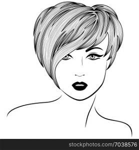 Attractive young women with stylish short hair, hand drown detailed vector illustration isolated on the white background