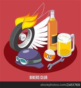Attributes of bikers isometric composition with wheel, helmet, wrench, drink, billiard ball on red background vector illustration . Bikers Attributes Isometric Composition