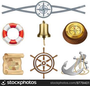 Attributes of marine theme vector set isolated on white rope, lifebuoy, vintage compass and steering wheel. Sea adventures and tourism objects set. Marine cruise, ocean journey and sea travelling. Attributes of marine theme vector set isolated rope, lifebuoy, vintage compass and steering wheel