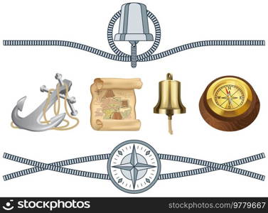 Attributes of marine theme vector set isolated on white rope, vintage compass and steering wheel. Sea adventures and tourism objects set. Marine cruise, ocean journey and sea travelling. Attributes of marine theme vector set isolated rope, lifebuoy, vintage compass and steering wheel