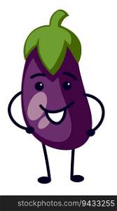 Aubergine plant character with smiling facial expression and positive mood. Isolated personage with face, legs and hands, eggplant. Sticker or emoji, emoticon for social media. Vector in flat style. Funny vegetable character, aubergine personage