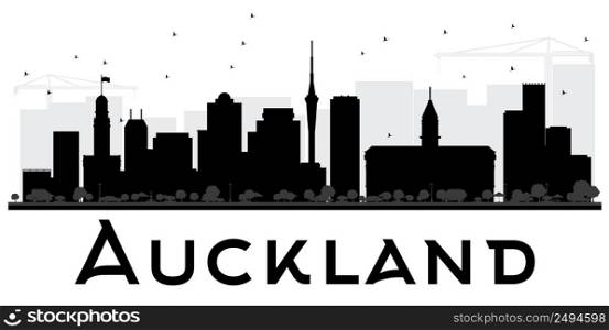 Auckland City skyline black and white silhouette. Vector Illustration. Simple flat concept for tourism presentation, banner, placard or web site. Business travel concept. Cityscape with landmarks