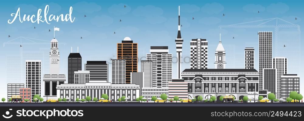 Auckland Skyline with Gray Buildings and Blue Sky. Vector Illustration. Business Travel and Tourism Concept with Modern Buildings. Image for Presentation Banner Placard and Web Site.